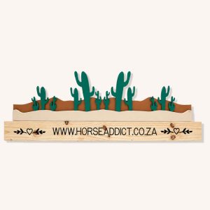 Layered green cactus wooden show jump filler with brown desert panels and custom pine base on a plain background