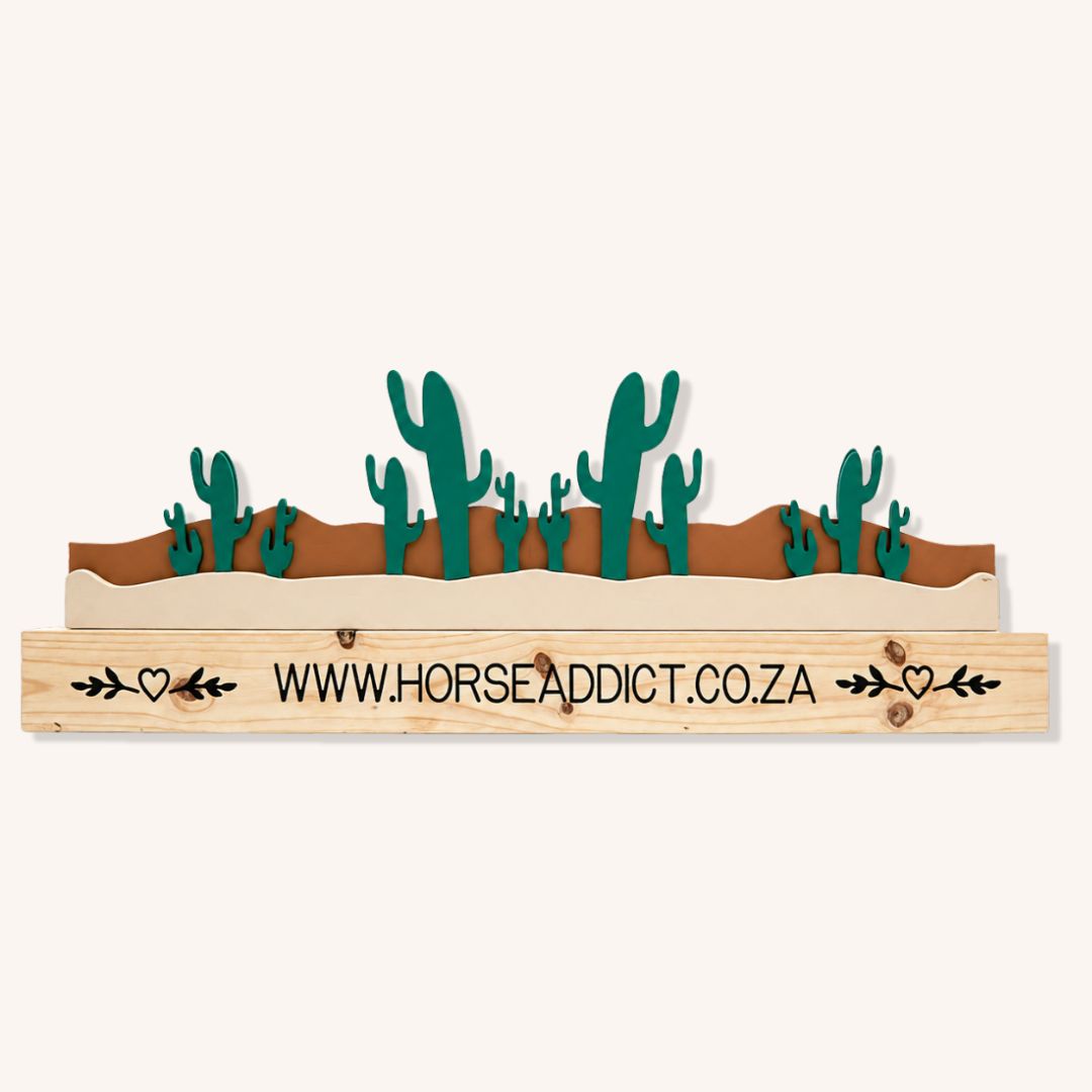 Layered green cactus wooden show jump filler with brown desert panels and custom pine base on a plain background
