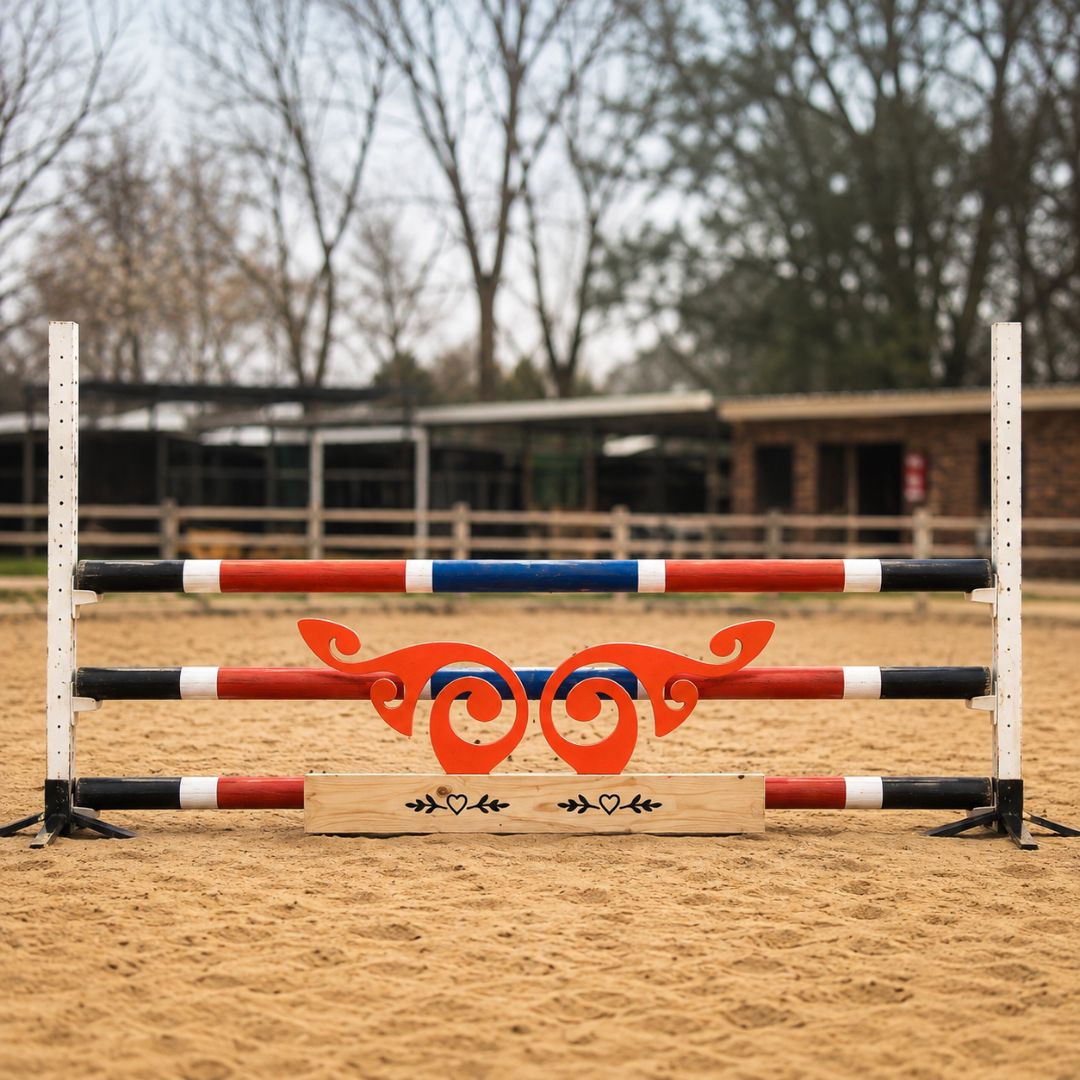 Orange scroll wooden jump filler positioned beneath red blue white and black show jumping poles in a sand arena