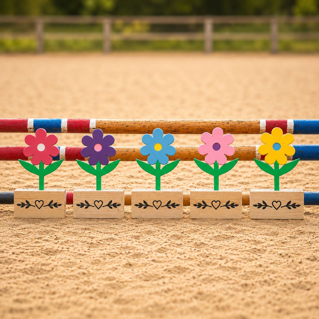 Five colourful wooden flower jump fillers arranged beneath show jumping poles in a sand arena