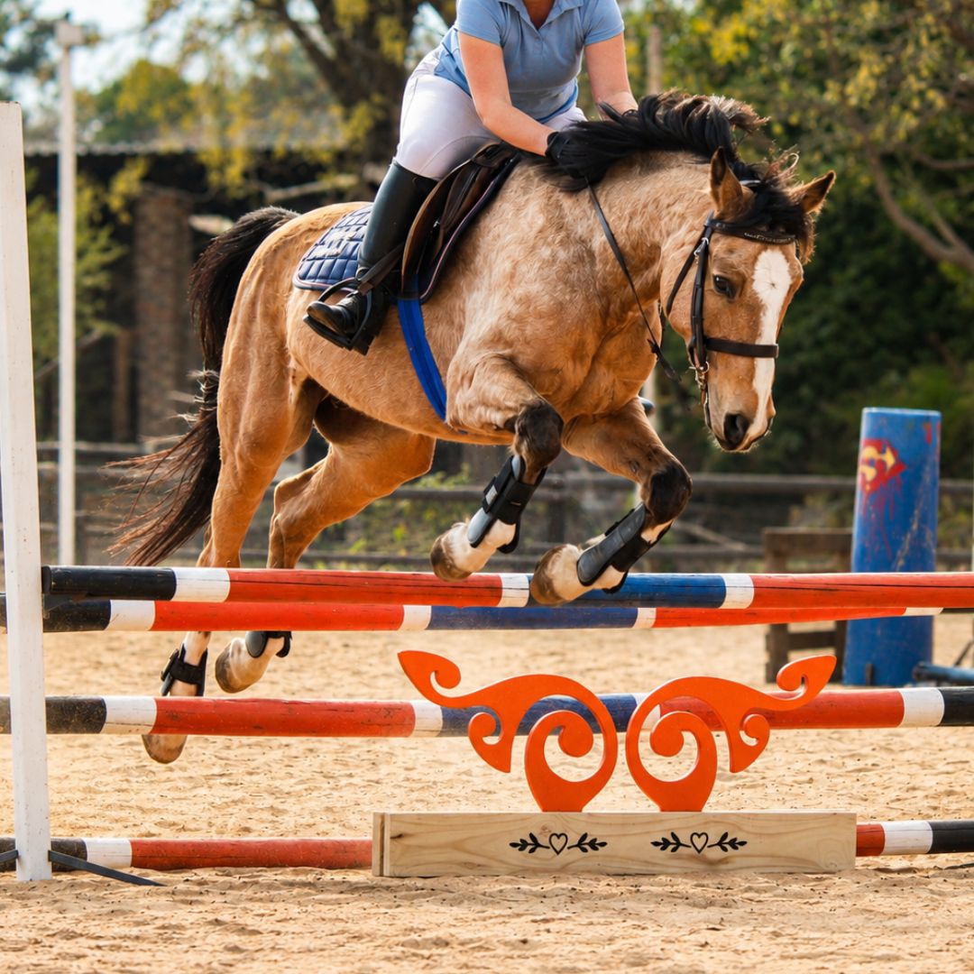 Horse and rider jumping over an orange sunset scroll wooden show jump filler in an equestrian arena