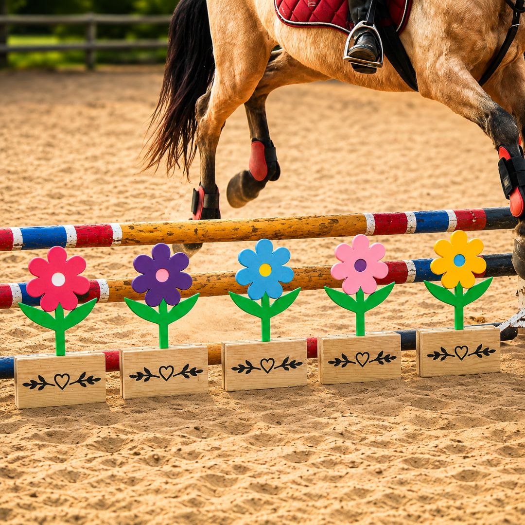 Horse and rider jumping over five colourful wooden flower fillers with pine bases beneath the poles