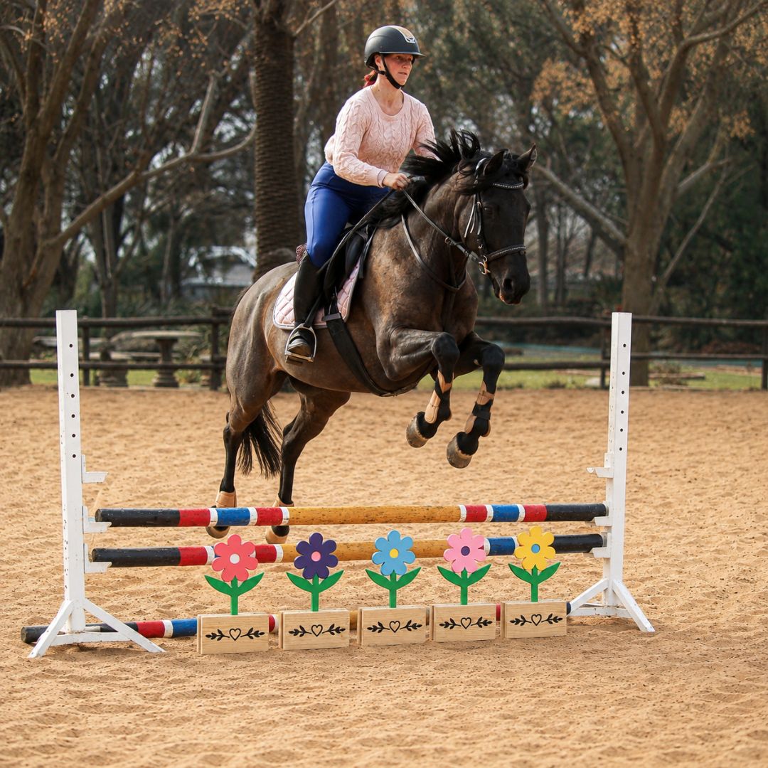 Horse and rider clearing a show jump with five colourful flower wooden fillers across the base